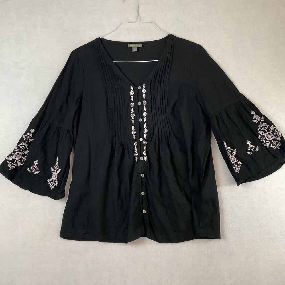 Style & Co Womens Black Linen Blend Embroidered Bell Sleeve Boho Blouse Medium